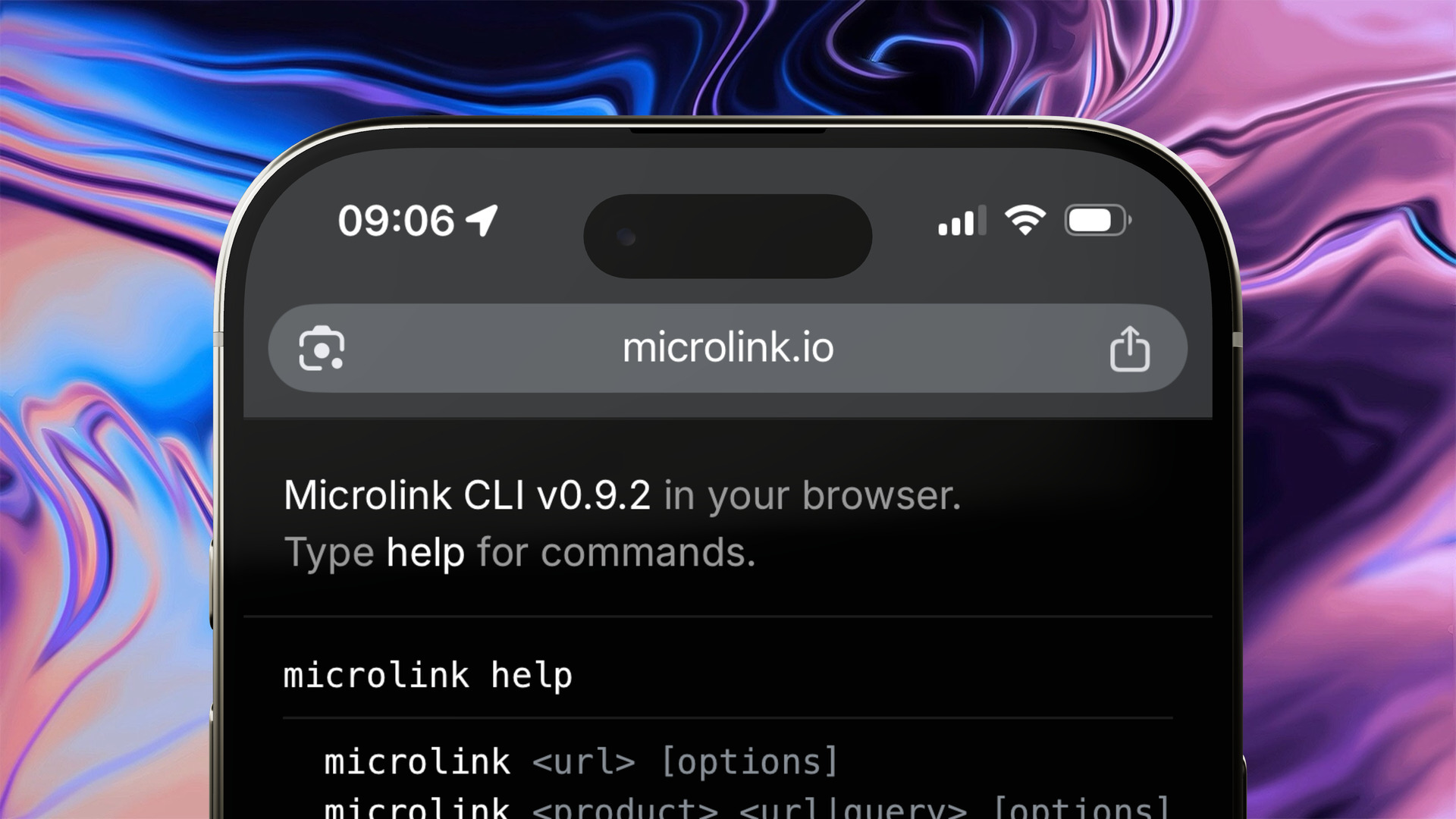 Microlink CLI running in a browser on a phone